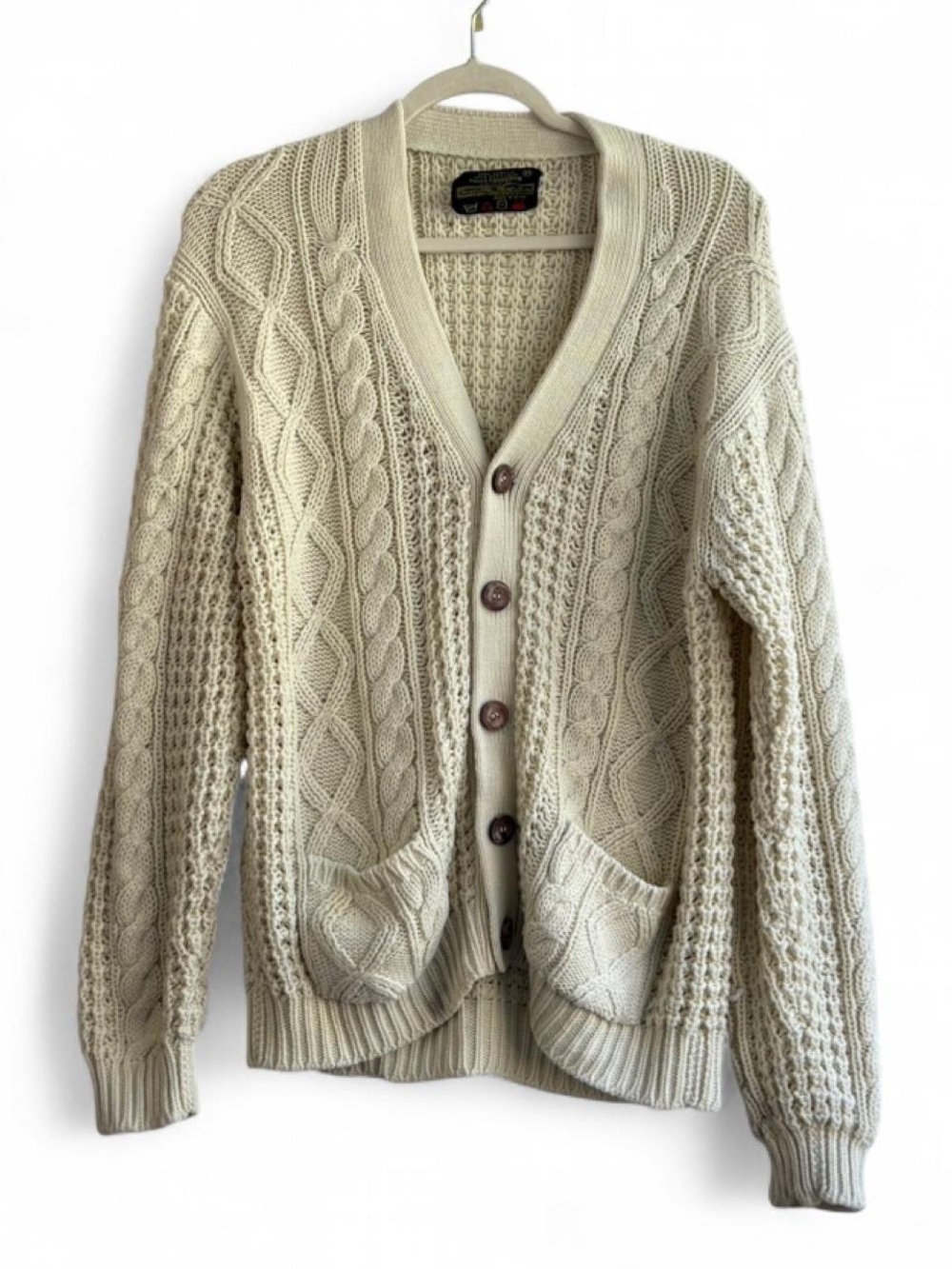 Vintage Sears Men’s Cream Cable Knit Oversized Cardigan Sweater Size M